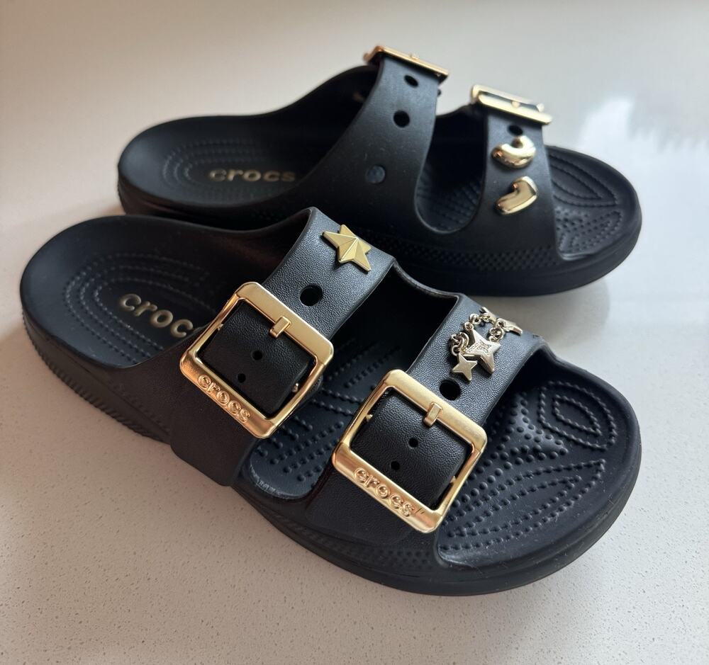 Crocs Women's Saturday Sandals Size 7 Black Golden Buckle Charms
